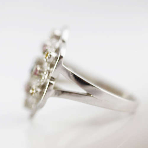 LONDON BLUE TOPAZ, NATURAL SONGEA SAPPHIRES and RUBY STERLING SILVER RING `TUDOR ROSE` DESIGN