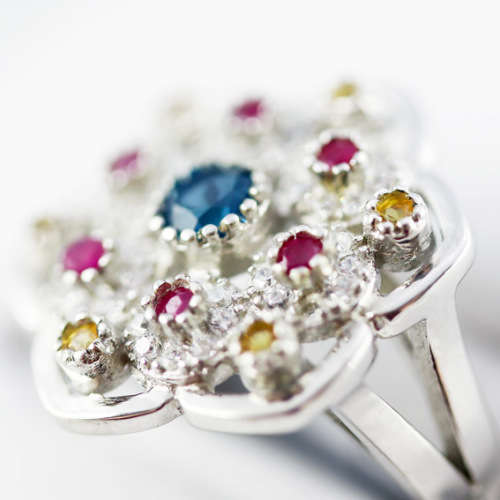 LONDON BLUE TOPAZ, NATURAL SONGEA SAPPHIRES and RUBY STERLING SILVER RING `TUDOR ROSE` DESIGN