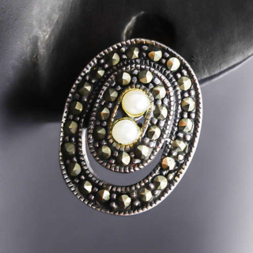 VINTAGE SEED PEARL AND CHAMPAGNE MARCASITE STERLING SILVER EARRINGS