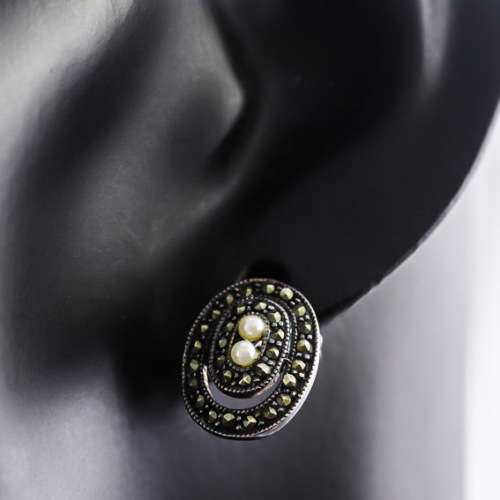 VINTAGE SEED PEARL AND CHAMPAGNE MARCASITE STERLING SILVER EARRINGS