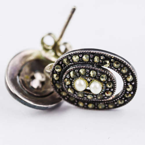 VINTAGE SEED PEARL AND CHAMPAGNE MARCASITE STERLING SILVER EARRINGS