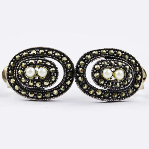 VINTAGE SEED PEARL AND CHAMPAGNE MARCASITE STERLING SILVER EARRINGS