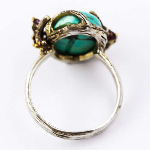 WHIMSICAL ORGANIC SOLID STERLING SILVER RING. NATURAL TURQUOISE CABOCHON and RASPBERRY GARNET ACCENT