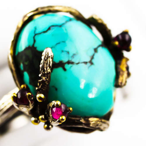 WHIMSICAL ORGANIC SOLID STERLING SILVER RING. NATURAL TURQUOISE CABOCHON and RASPBERRY GARNET ACCENT