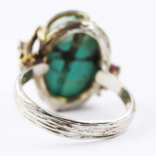 WHIMSICAL ORGANIC SOLID STERLING SILVER RING. NATURAL TURQUOISE CABOCHON and RASPBERRY GARNET ACCENT