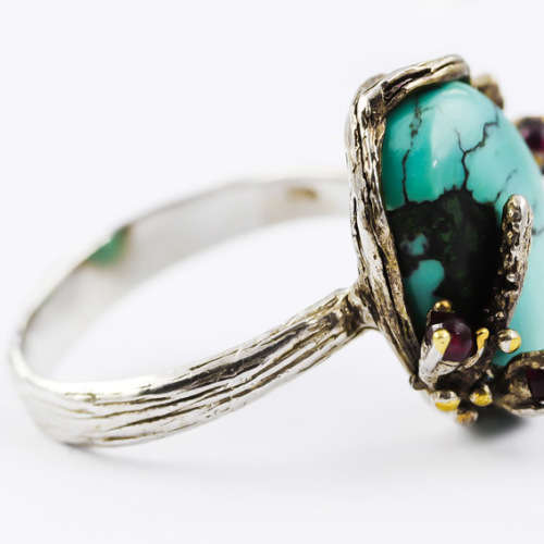 WHIMSICAL ORGANIC SOLID STERLING SILVER RING. NATURAL TURQUOISE CABOCHON and RASPBERRY GARNET ACCENT