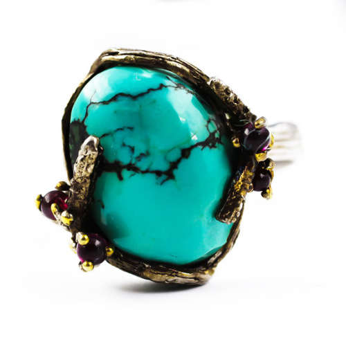 WHIMSICAL ORGANIC SOLID STERLING SILVER RING. NATURAL TURQUOISE CABOCHON and RASPBERRY GARNET ACCENT