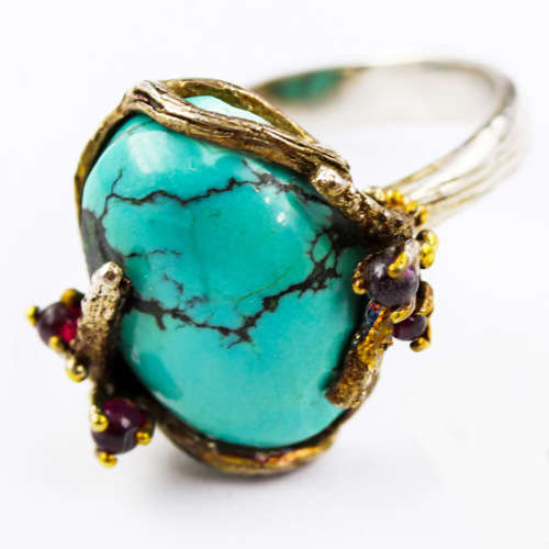 WHIMSICAL ORGANIC SOLID STERLING SILVER RING. NATURAL TURQUOISE CABOCHON and RASPBERRY GARNET ACCENT