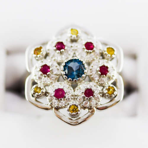 LONDON BLUE TOPAZ, NATURAL SONGEA SAPPHIRES and RUBY STERLING SILVER RING `TUDOR ROSE` DESIGN
