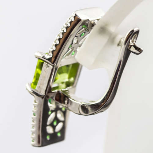 GORGEOUS OCTAGON PERIDOT, MARCASITE AND CHROME DIOPSIDE STERLING SILVER EARRINGS. 925. UNHEATED GEMS
