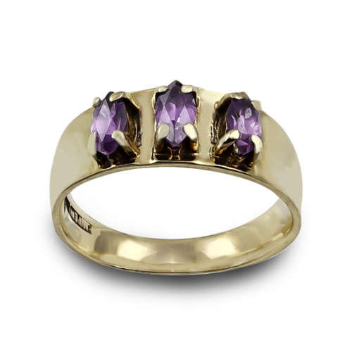 ENGLISH 9ct YELLOW GOLD RING.GLORIOUS ROYAL COLOUR REAL AMETHYSTS. JEWELLER CERT R10`000 incl