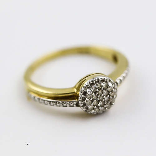 9ct YELLOW and WHITE GOLD DIAMOND RING. 19 SINGLE-CUT DIAMONDS. SOUTH AFRICAN. JEWELLER CERT R7`500