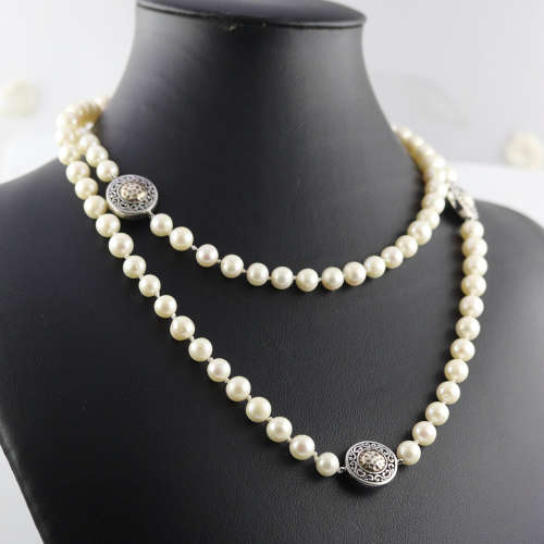 doubleW EXQUISITE HAND-KNOTTED NATURAL PEARL 82cm NECKLACE. HANDCRAFTED STERLING SILVER BEAD DETAIL