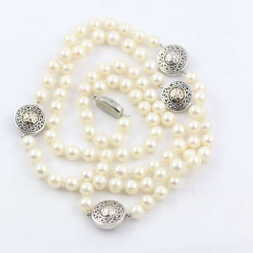 doubleW EXQUISITE HAND-KNOTTED NATURAL PEARL 82cm NECKLACE. HANDCRAFTED STERLING SILVER BEAD DETAIL