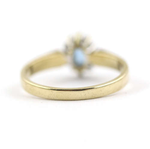 PRETTY ENGLISH TOPAZ AND DIAMOND 9CT YELLOW GOLD RING. 375. *JEWELLER`S EVALUATION R14`000*