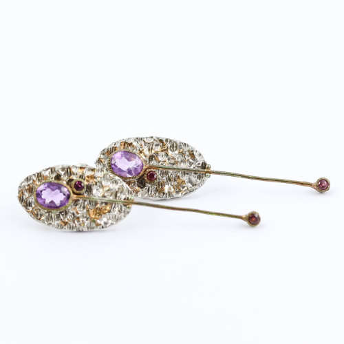 AVANT GARDE HANDCRAFTED LONG STERLING SILVER AMETHYST and RHODOLITE GARNET EARRINGS HAMMERED FINISH