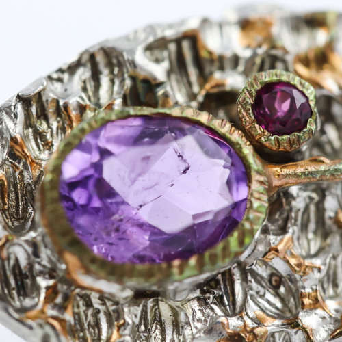 AVANT GARDE HANDCRAFTED LONG STERLING SILVER AMETHYST and RHODOLITE GARNET EARRINGS HAMMERED FINISH
