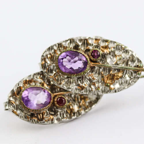 AVANT GARDE HANDCRAFTED LONG STERLING SILVER AMETHYST and RHODOLITE GARNET EARRINGS HAMMERED FINISH