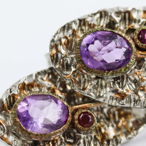AVANT GARDE HANDCRAFTED LONG STERLING SILVER AMETHYST and RHODOLITE GARNET EARRINGS HAMMERED FINISH