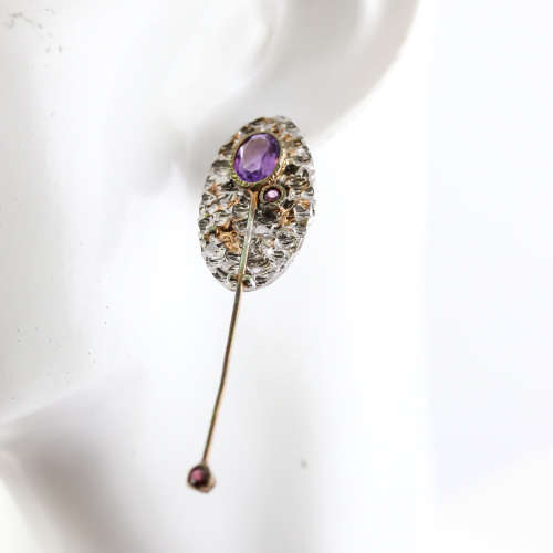 AVANT GARDE HANDCRAFTED LONG STERLING SILVER AMETHYST and RHODOLITE GARNET EARRINGS HAMMERED FINISH
