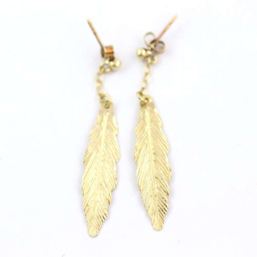 LONG VINTAGE FEATHER DESIGN DROP and DANGLE 9CT YELLOW GOLD EARRINGS. WELL-HALLMARKED. 375
