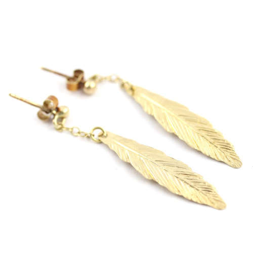 LONG VINTAGE FEATHER DESIGN DROP and DANGLE 9CT YELLOW GOLD EARRINGS. WELL-HALLMARKED. 375