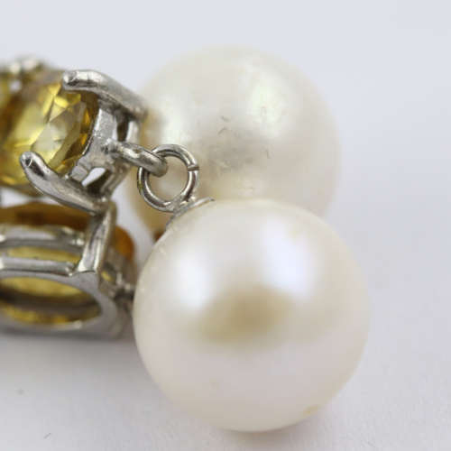 ELEGANT CITRINE AND BAROQUE PEARL STERLING SILVER DROP AND DANGLE EARRINGS. 925