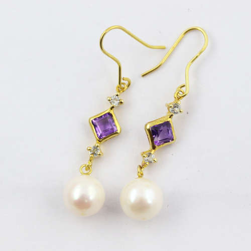 GORGEOUS LONG AQUAMARINE, AMETHYST AND BAROQUE PEARL GILDED STERLING SILVER DROP and DANGLE EARRINGS