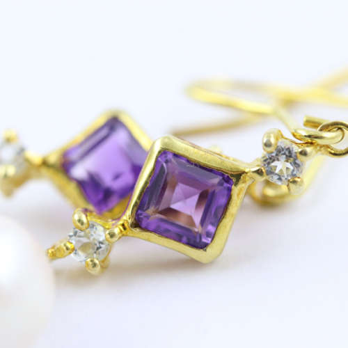 GORGEOUS LONG AQUAMARINE, AMETHYST AND BAROQUE PEARL GILDED STERLING SILVER DROP and DANGLE EARRINGS