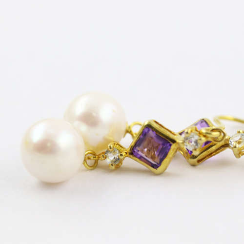 GORGEOUS LONG AQUAMARINE, AMETHYST AND BAROQUE PEARL GILDED STERLING SILVER DROP and DANGLE EARRINGS