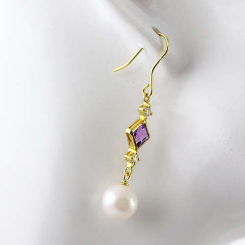 GORGEOUS LONG AQUAMARINE, AMETHYST AND BAROQUE PEARL GILDED STERLING SILVER DROP and DANGLE EARRINGS