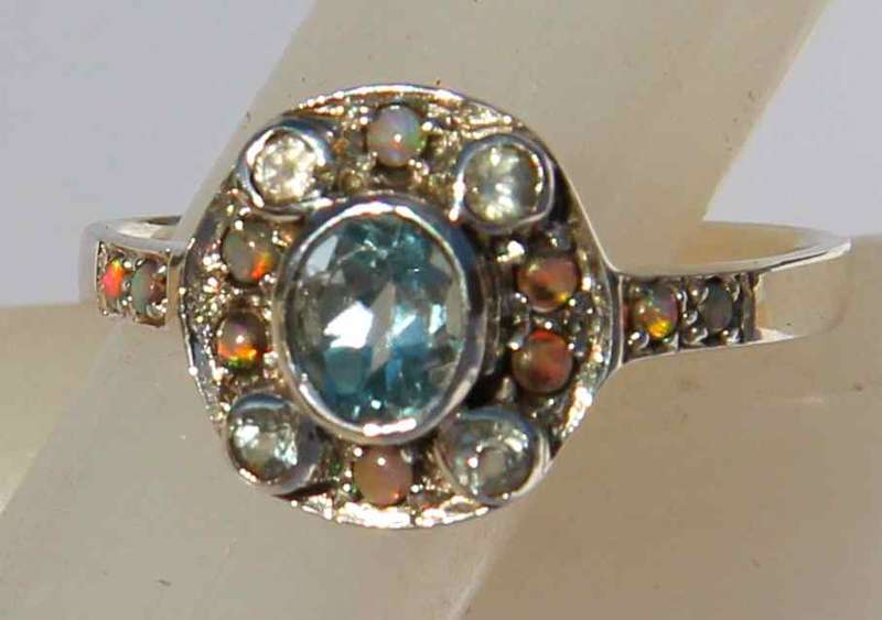 2CT NATURAL AQUAMARINE AND BLUE FIRE OPALS RING Sterling Silver Old Victorian Vintage Design: 6/half