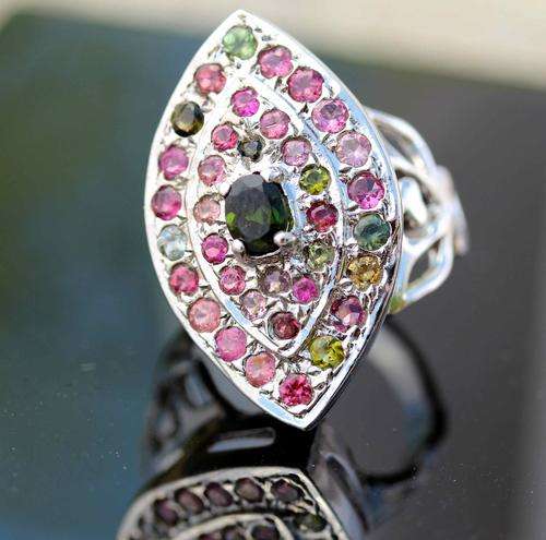 STUNNING! GENUINE TOURMALINE GEMSTONES IN STERLING SILVER: LARGE RING (9,3 grams!)