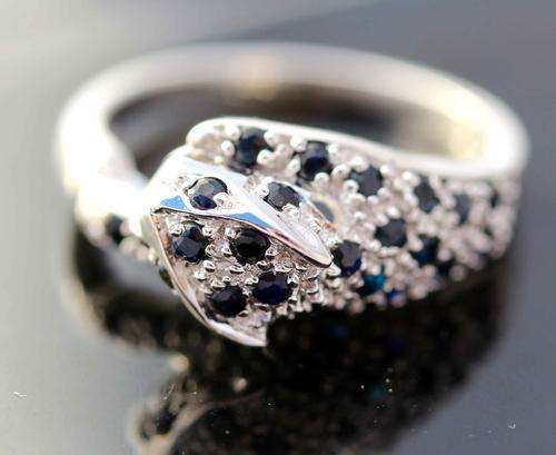 REAL DIAMOND AND SAPPHIRE RING. UNUSUAL JAGUAR COLLECTABLE PIECE FROM ENGLAND! STERLING SILVER 925