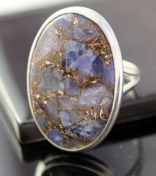 LARGE NATURAL COPPER TANZANITE RING IN STERLING SILVER 925