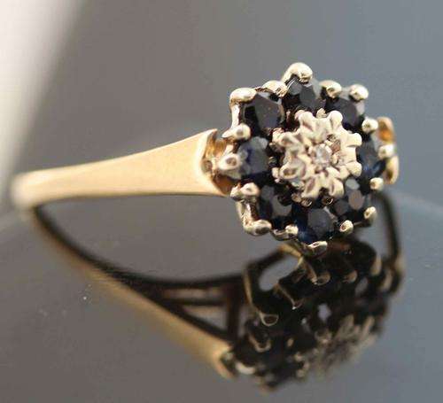 VINTAGE 1981 BLUE SAPPHIRE DIAMOND RING. 9ct GOLD JEWELLER AUTHENTICATION CERTIFICATE! LONDON ASSAY