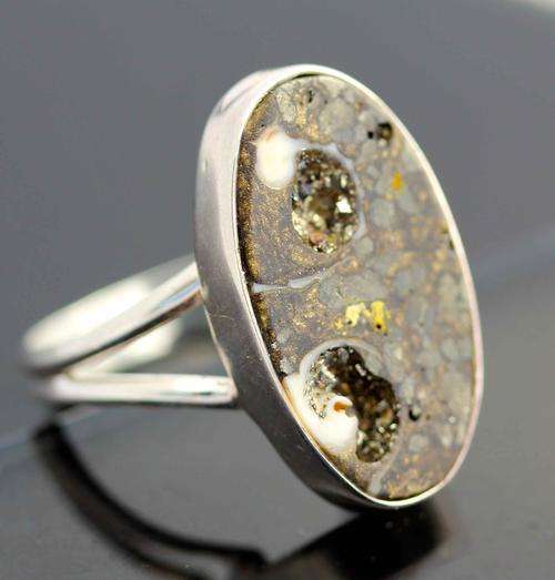 NATURAL PYRITE SEA SHELL STERLING SILVER 925 RING