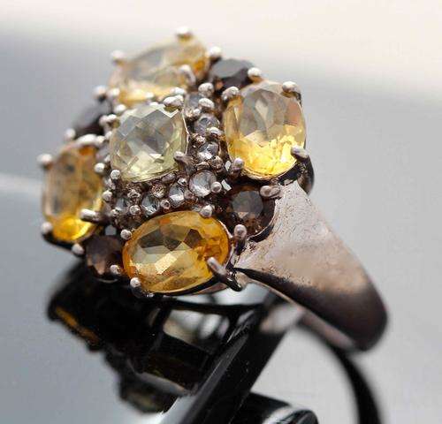 HUGE MULTI-GEM CLUSTER STERLING SILVER RING. REAL CITRINE, SMOKY QUARTZ AND TOPAZ GEMSTONES