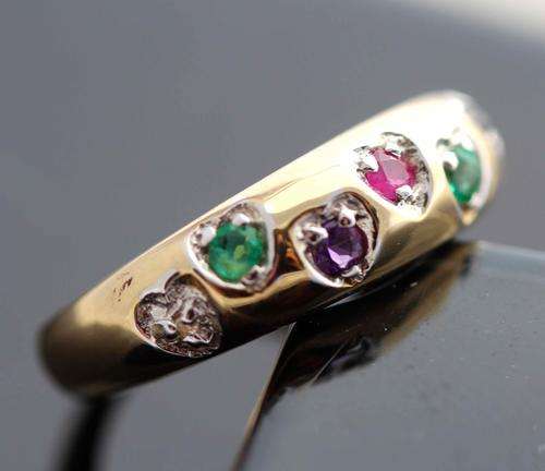 UNUSUAL "DEAREST" RING FROM ENGLAND Real diamond, emerald, amethyst, ruby, sapphire, topaz! 9ct GOLD