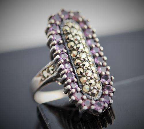 HUGE VINTAGE AMETHYST AND MARCASITE STERLING SILVER RING. 925