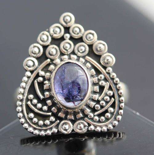 NATURAL TANZANITE GEMSTONE IN UNUSUAL LARGE DECORATIVE FRAME STERLING SILVER RING