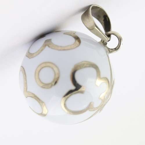 `ANGEL CALLER` WHITE HARMONY BALL PENDANT HANDWORKED STERLING SILVER INLAY. WIDE STERLING BALE