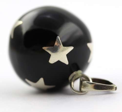 `ANGEL CALLER` BLACK HARMONY BALL PENDANT HANDWORKED STERLING SILVER INLAY. WIDE STERLING BALE