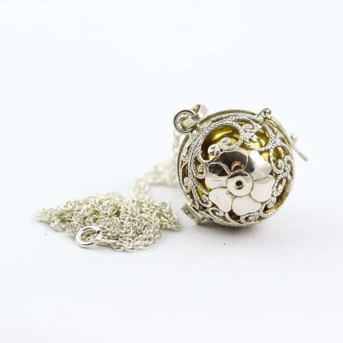 STERLING SILVER HANDCRAFTED HARMONY BALL PENDANT GOLD INNER TINKLE BALL - VERY LONG 64cm CHAIN