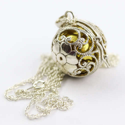 STERLING SILVER HANDCRAFTED HARMONY BALL PENDANT GOLD INNER TINKLE BALL - VERY LONG 64cm CHAIN
