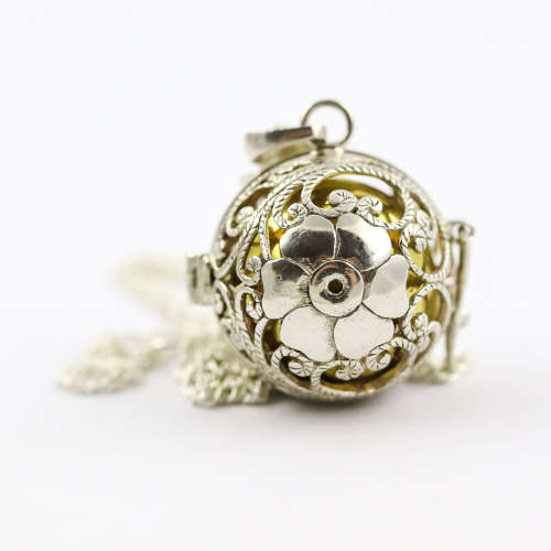 STERLING SILVER HANDCRAFTED HARMONY BALL PENDANT GOLD INNER TINKLE BALL - VERY LONG 64cm CHAIN