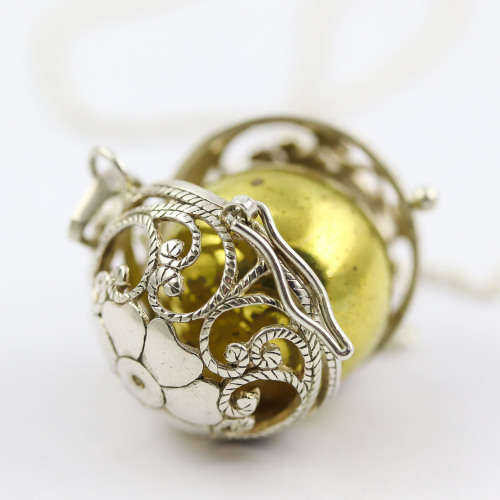 STERLING SILVER HANDCRAFTED HARMONY BALL PENDANT GOLD INNER TINKLE BALL - VERY LONG 64cm CHAIN