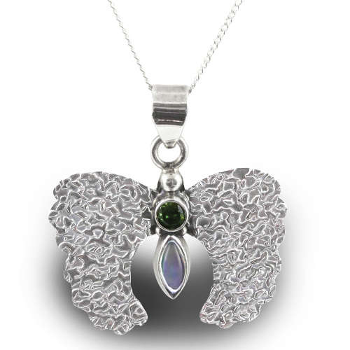 STYLIZED ANGEL PENDANT IN STERLING SILVER WITH NATURAL PERIDOT and FIRE OPAL GEMSTONES 42CM CHAIN