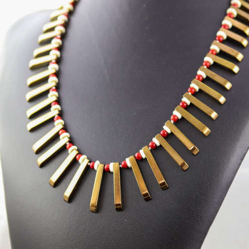 HANDCRAFTED BRONZE-COATED HEMATITE, CORAL AND OSTRICH SHELL NECKLACE. *JEWELLER EVALUATION R2`400*