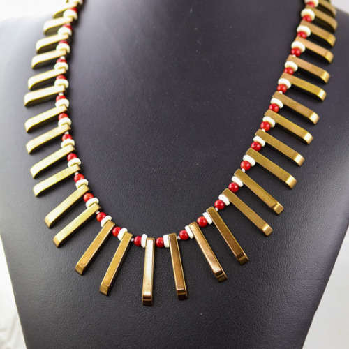 HANDCRAFTED BRONZE-COATED HEMATITE, CORAL AND OSTRICH SHELL NECKLACE. *JEWELLER EVALUATION R2`400*